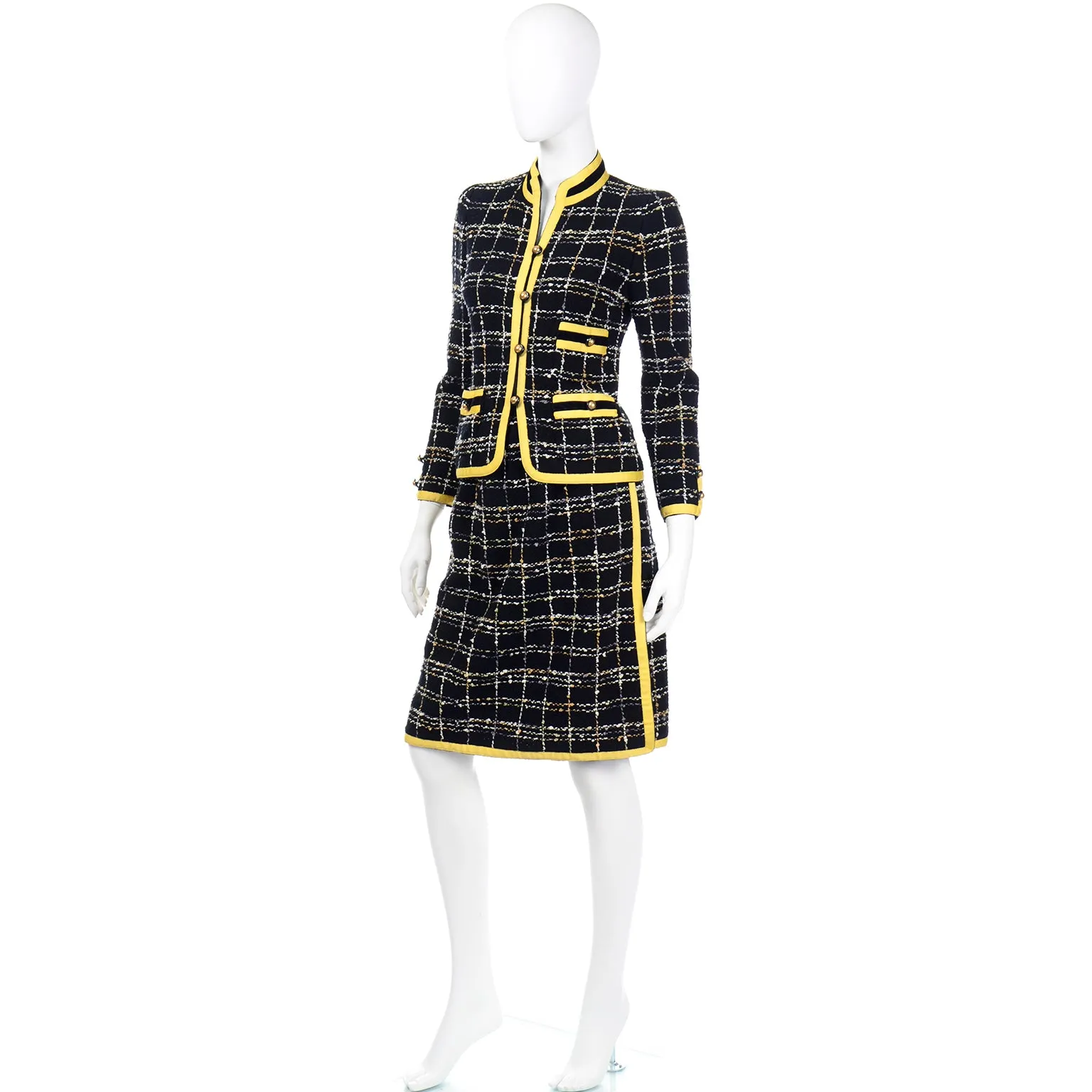 1970s Adolfo Yellow & Black Wool Boucle Skirt & Jacket Suit