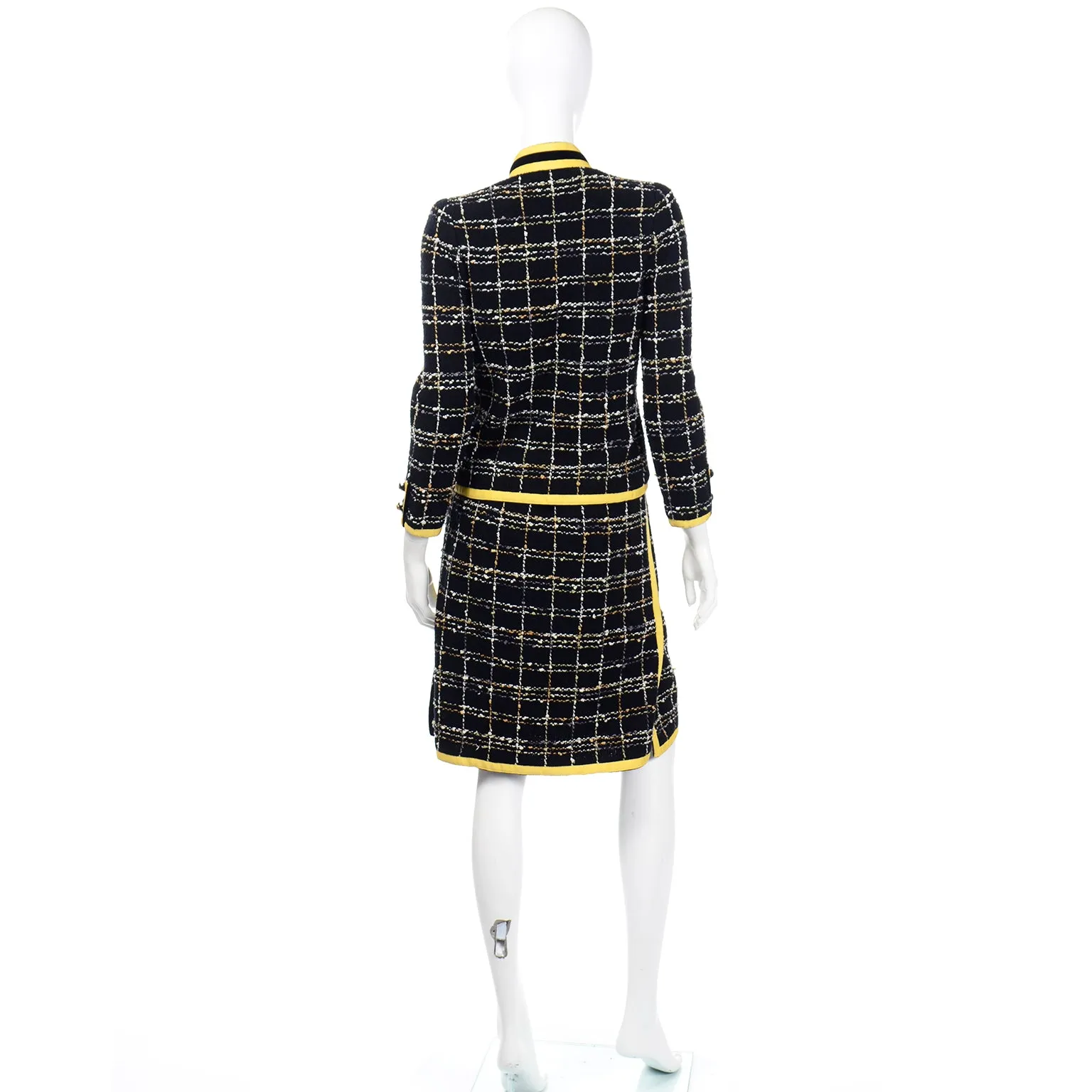 1970s Adolfo Yellow & Black Wool Boucle Skirt & Jacket Suit