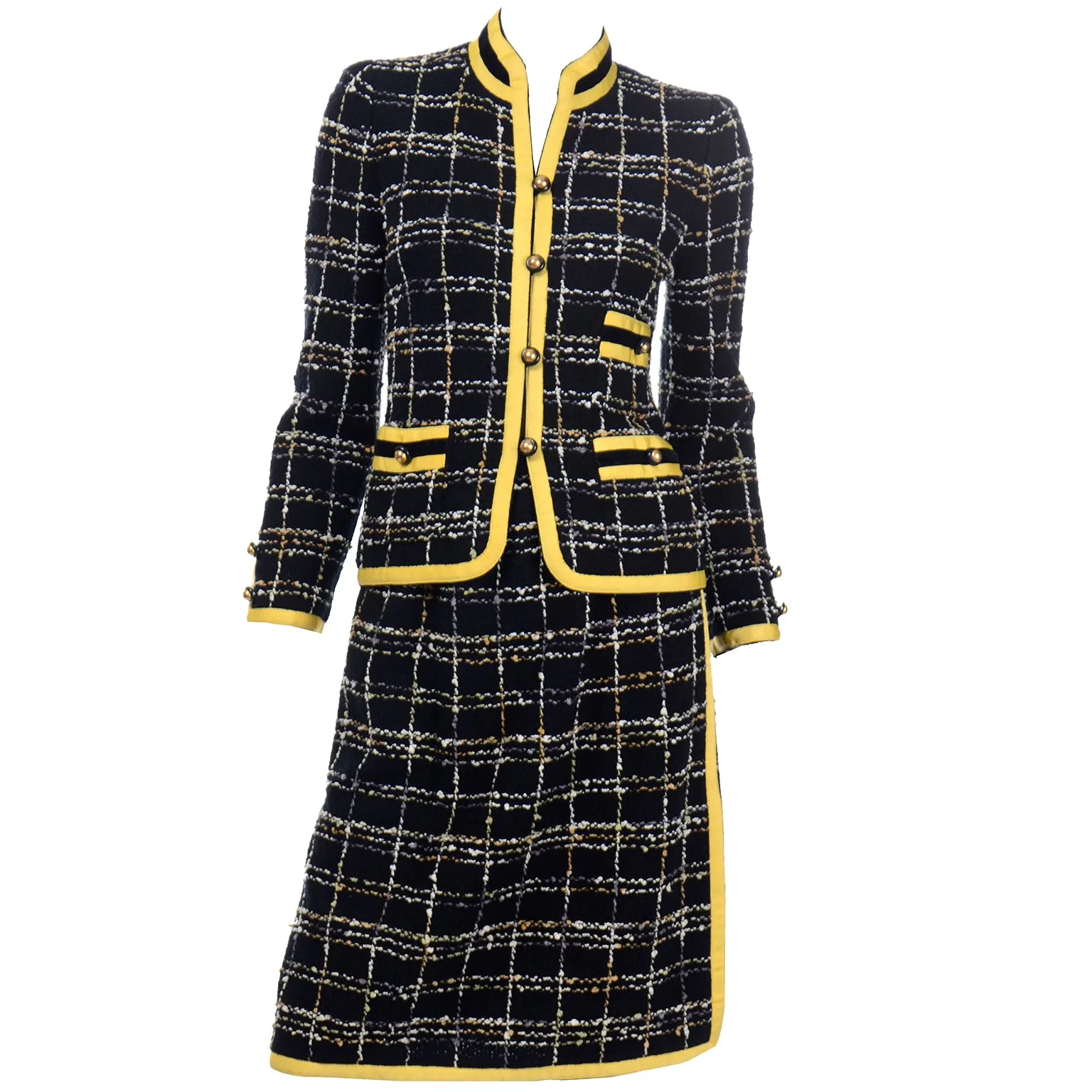 1970s Adolfo Yellow & Black Wool Boucle Skirt & Jacket Suit