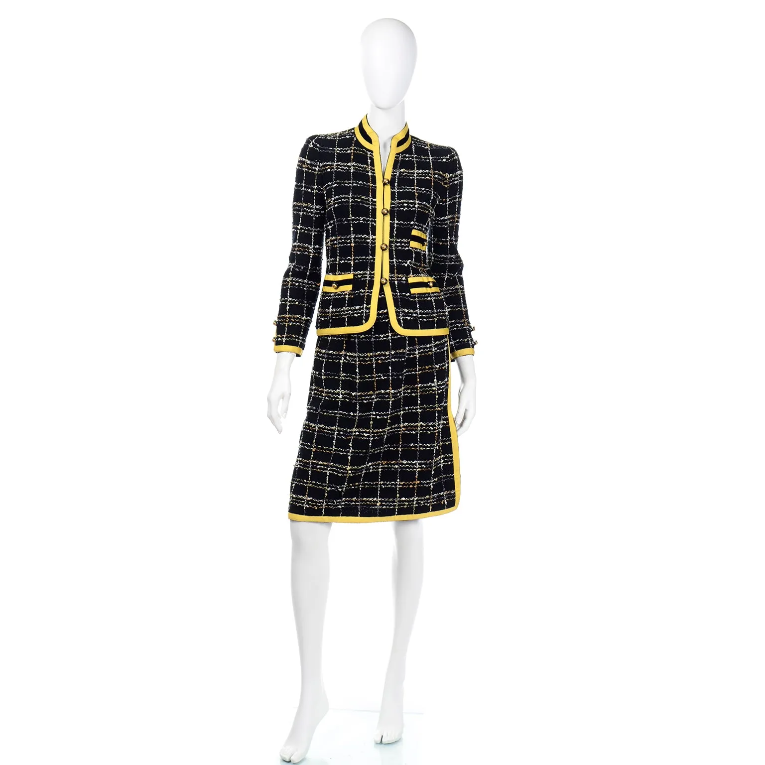 1970s Adolfo Yellow & Black Wool Boucle Skirt & Jacket Suit