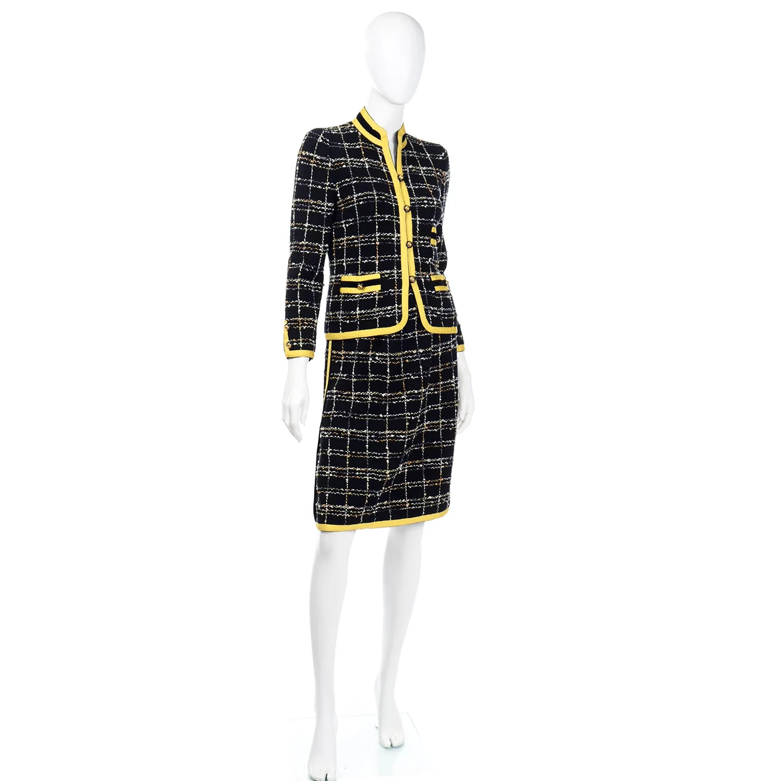 1970s Adolfo Yellow & Black Wool Boucle Skirt & Jacket Suit