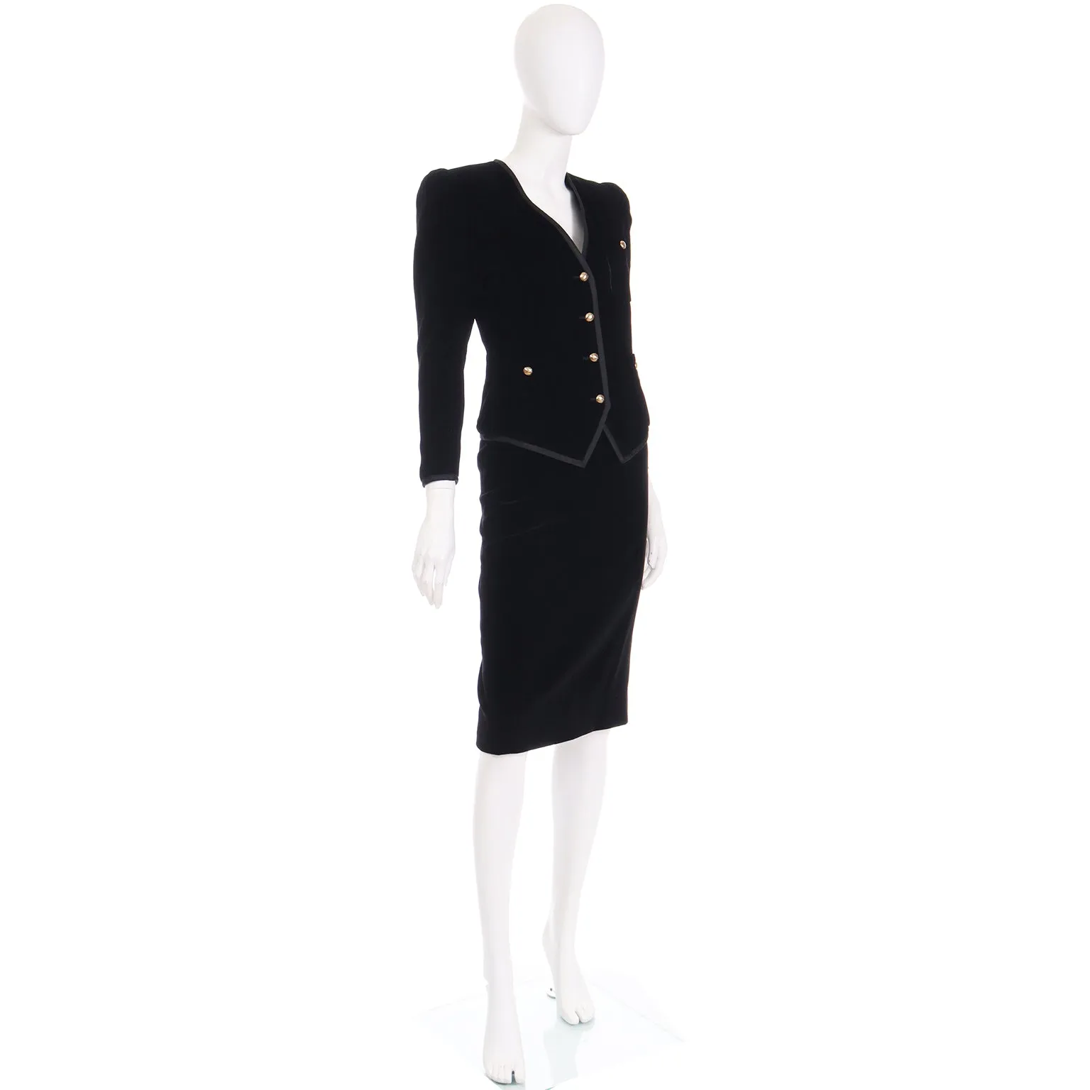 1980s Yves Saint Laurent Black Velvet Jacket and Skirt Suit