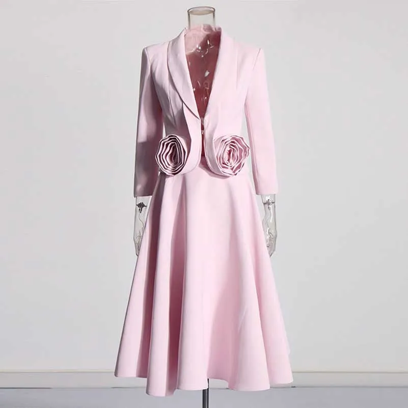 2-Piece 3D Rose Blazer With Pleated Skirt Suit