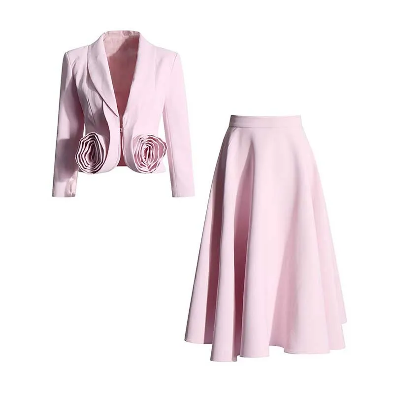 2-Piece 3D Rose Blazer With Pleated Skirt Suit