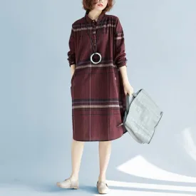 2018 red Plaid natural cotton linen shirt dress plus size traveling dress Elegant long sleeve pockets Turn-down Collar natural cotton linen shirt dress