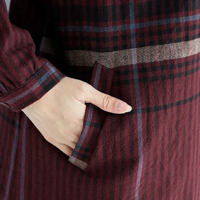 2018 red Plaid natural cotton linen shirt dress plus size traveling dress Elegant long sleeve pockets Turn-down Collar natural cotton linen shirt dress