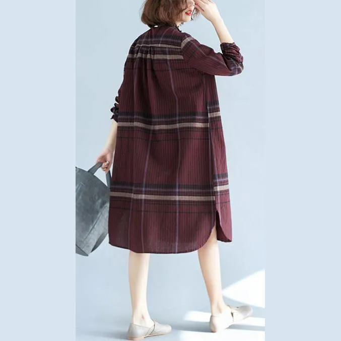 2018 red Plaid natural cotton linen shirt dress plus size traveling dress Elegant long sleeve pockets Turn-down Collar natural cotton linen shirt dress