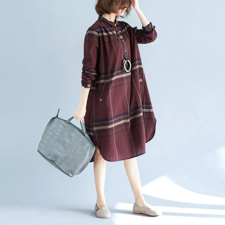 2018 red Plaid natural cotton linen shirt dress plus size traveling dress Elegant long sleeve pockets Turn-down Collar natural cotton linen shirt dress