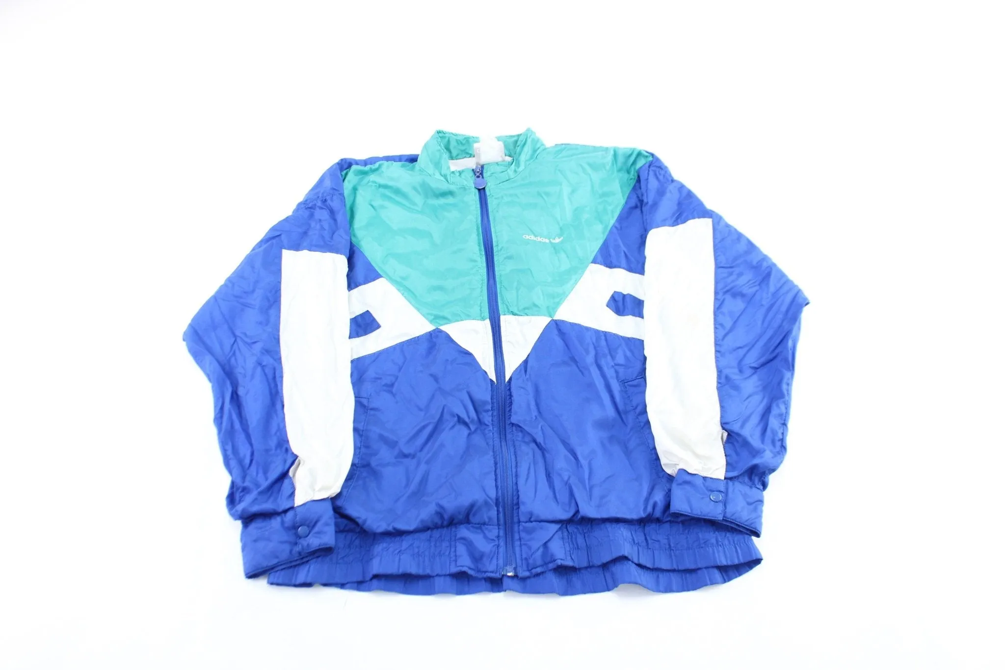 80's Adidas Embroidered Logo White, Blue, & Aqua Zip Up Jacket