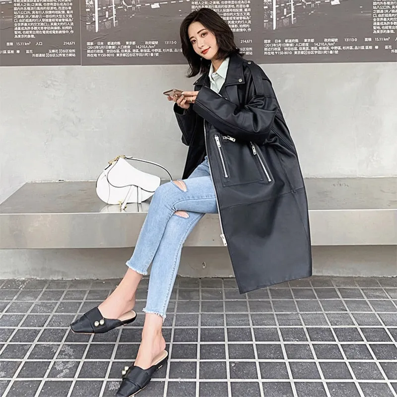 Autumn Oversized Black Long Womens Leather Biker Jacket Long Sleeve Spring Loose Faux Leather Coat Streetwear