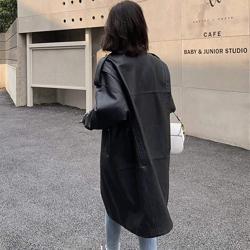 Autumn Oversized Black Long Womens Leather Biker Jacket Long Sleeve Spring Loose Faux Leather Coat Streetwear