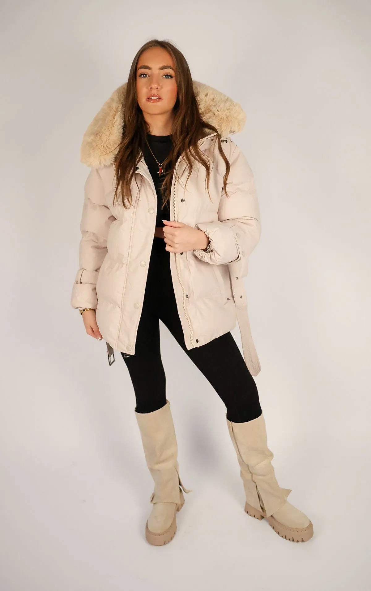 Beige Puffer Coat With Faux Fur Trim Hood and Waist Belt