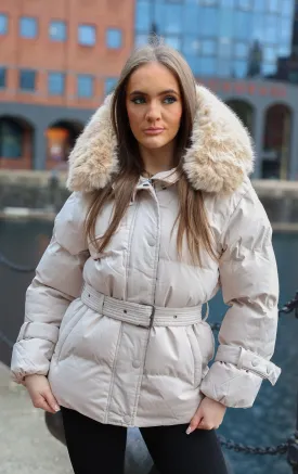 Beige Puffer Coat With Faux Fur Trim Hood and Waist Belt