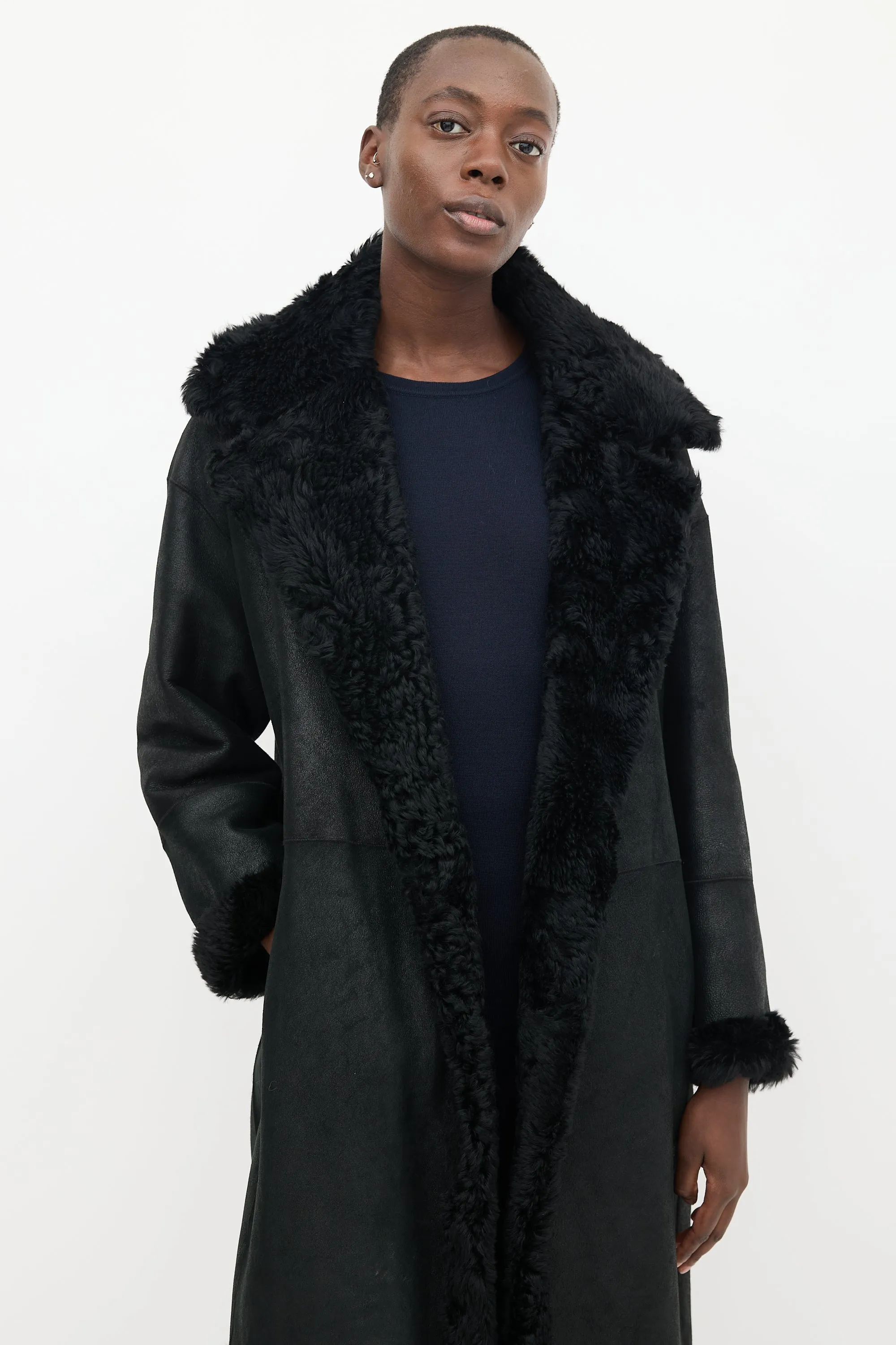 Black Leather & Shearling Lined Mid Length Coat