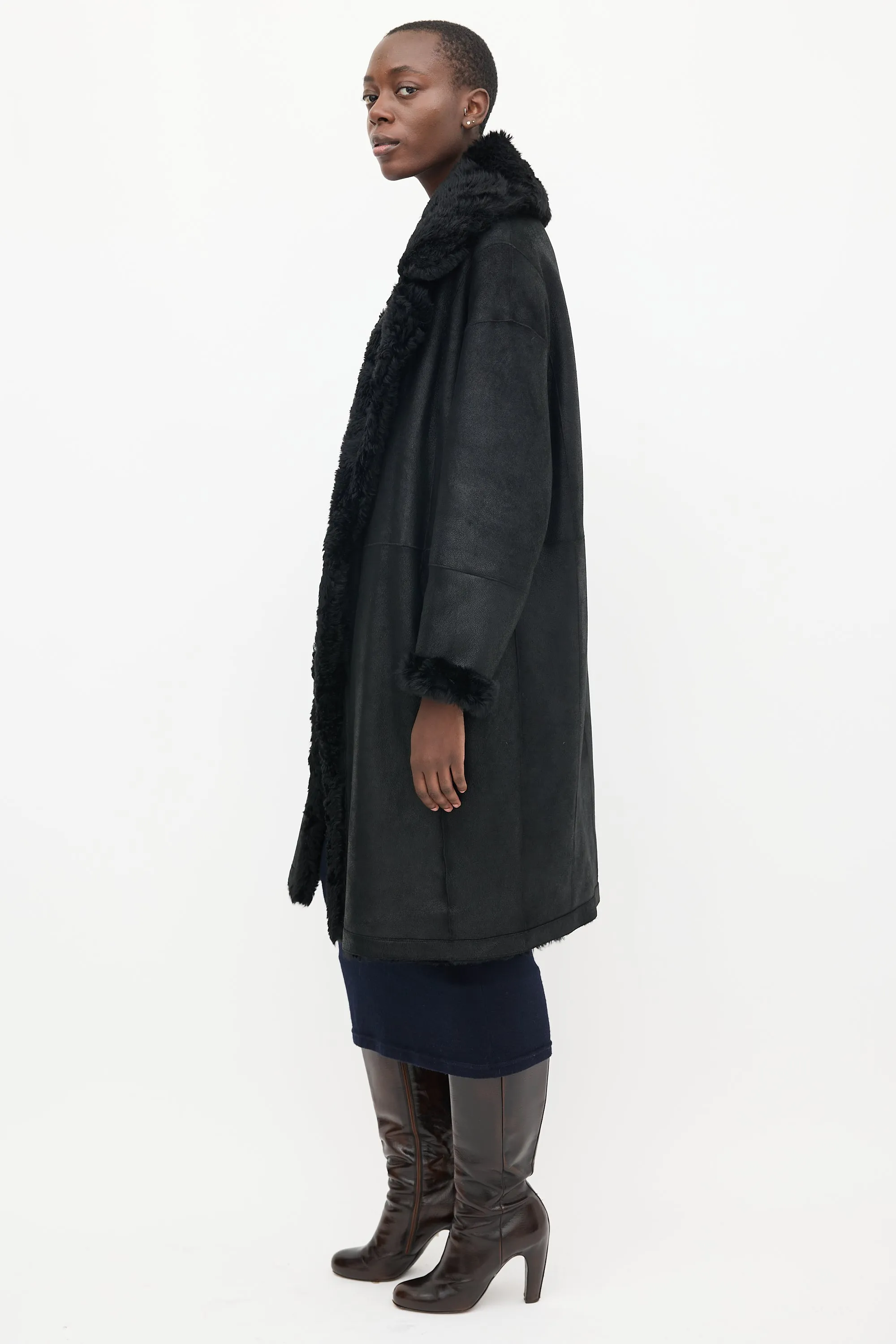 Black Leather & Shearling Lined Mid Length Coat