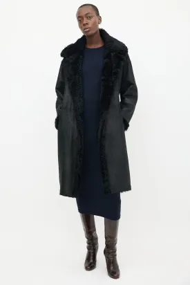 Black Leather & Shearling Lined Mid Length Coat