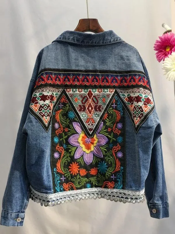 Bohemian Back Embroidery Fold-over Collar Jeans Jacket Long Sleeve Coat