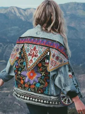 Bohemian Back Embroidery Fold-over Collar Jeans Jacket Long Sleeve Coat