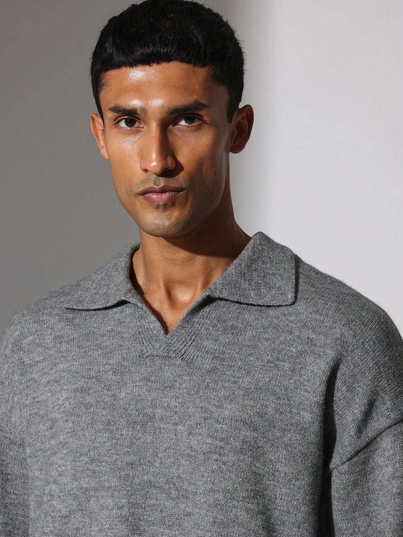 Boxy Fit Knit Revere Long Sleeve Polo