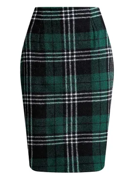 Dark Green 1960s Scottish Plaid Pencil Skirt