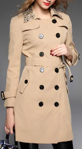 Embellished-Collar Trench Coat in Khaki or Red