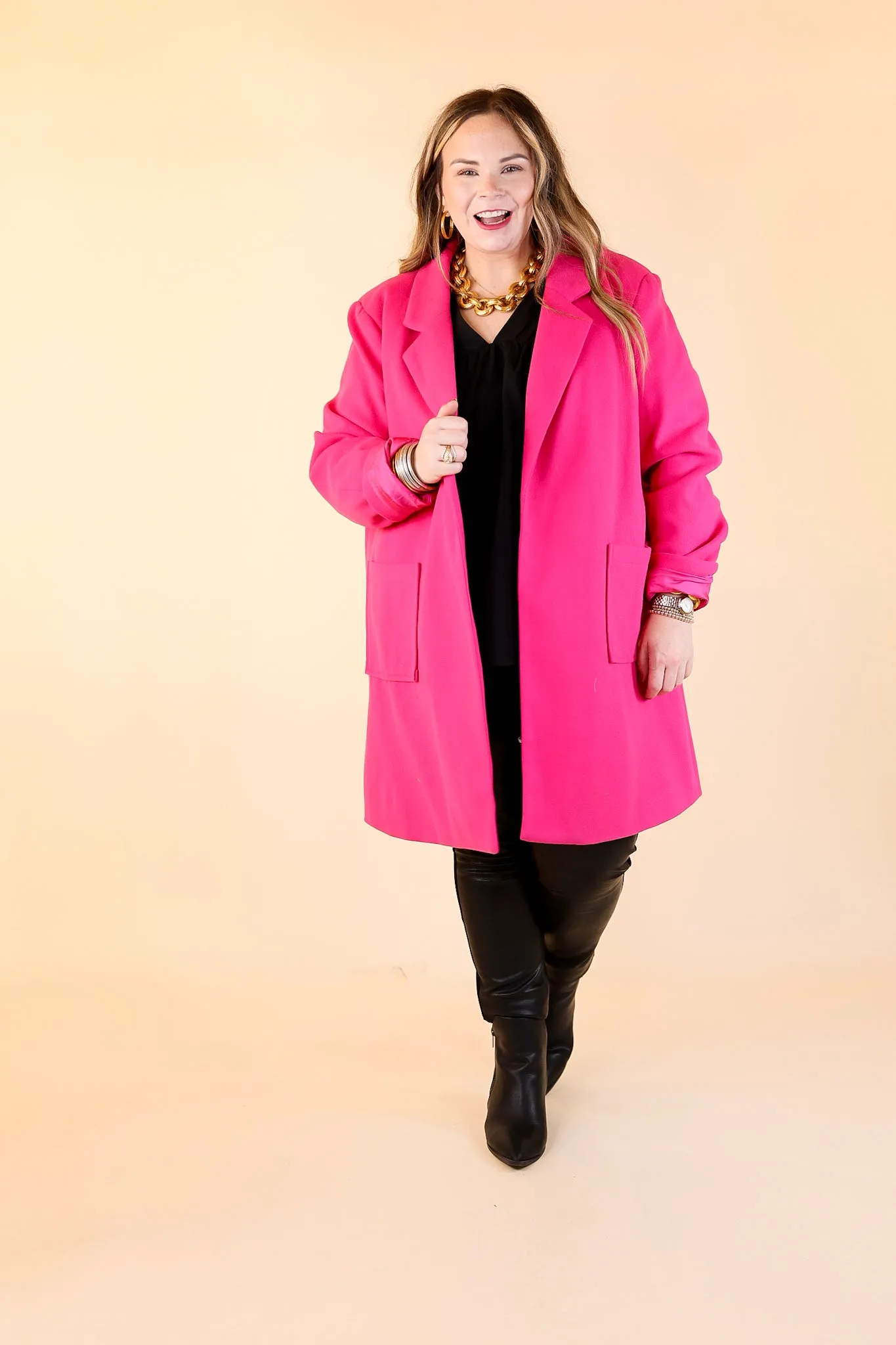 European Holiday Open Front Coat in Hot Pink