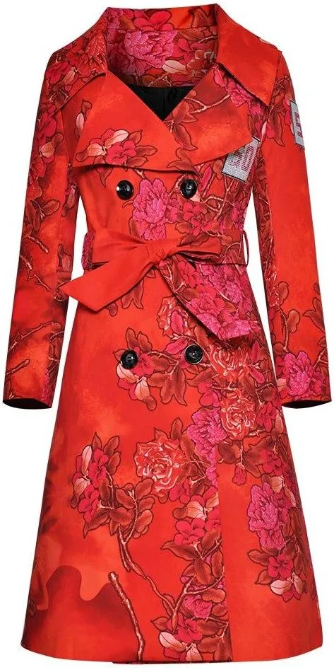 Floral Printed Red Trench Coat