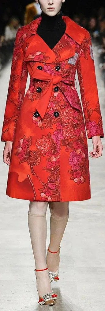 Floral Printed Red Trench Coat