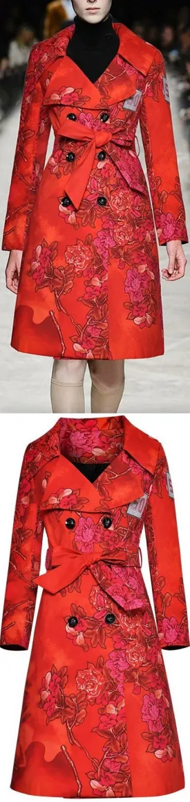 Floral Printed Red Trench Coat