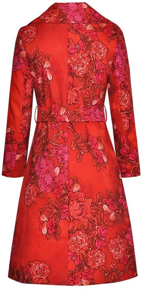 Floral Printed Red Trench Coat