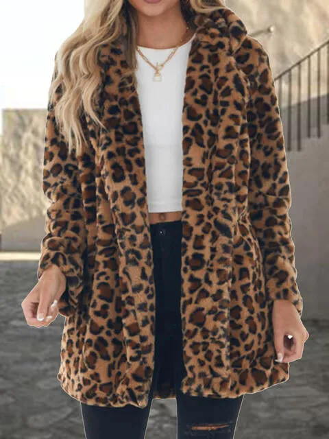 Fran-tastic Leopard Collared Neck Coat with Pockets