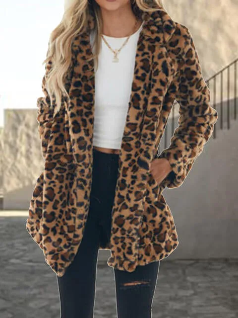 Fran-tastic Leopard Collared Neck Coat with Pockets