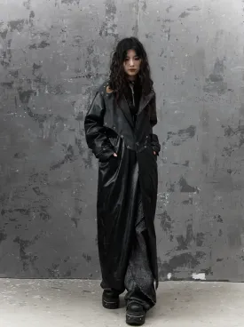 Frustration Garden Gothic Punk Maxi Coat - Black Faux Leather Trench With Oversized Collar And Asymmetrical Zip