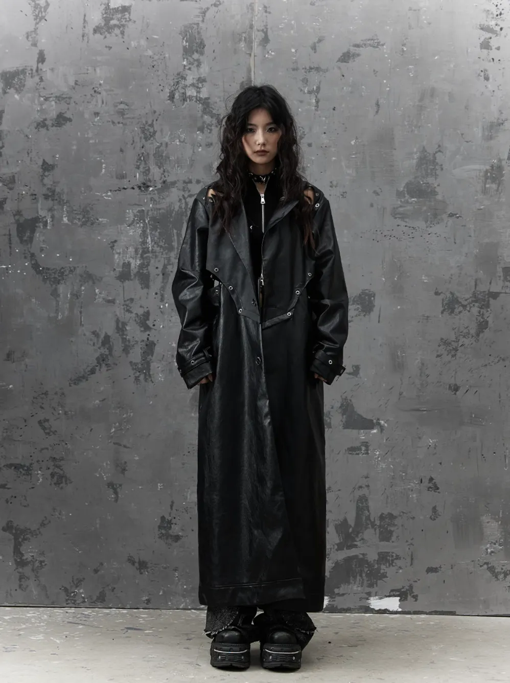 Frustration Garden Gothic Punk Maxi Coat - Black Faux Leather Trench With Oversized Collar And Asymmetrical Zip