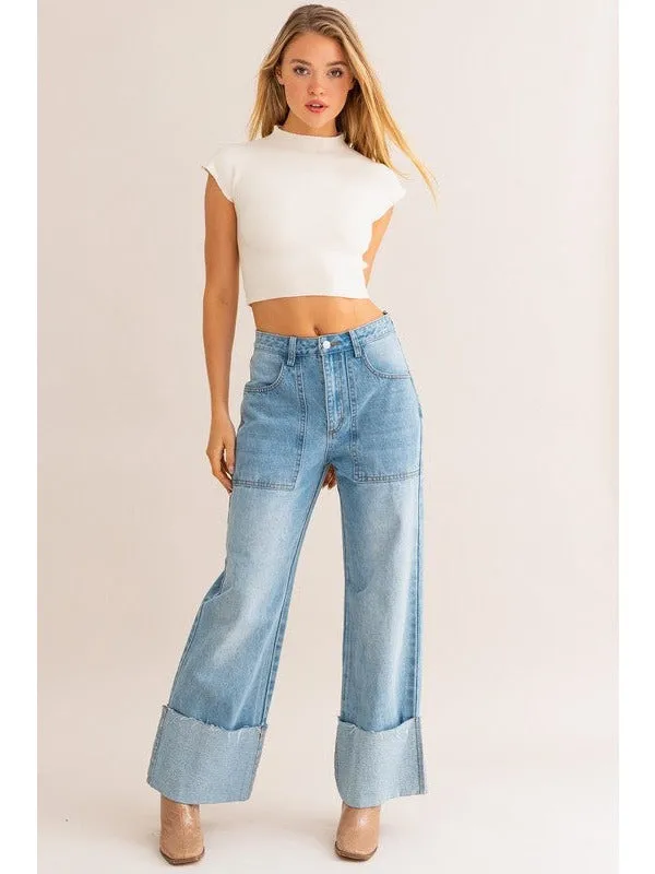 High-Waisted Wide Leg Cuffed Jeans