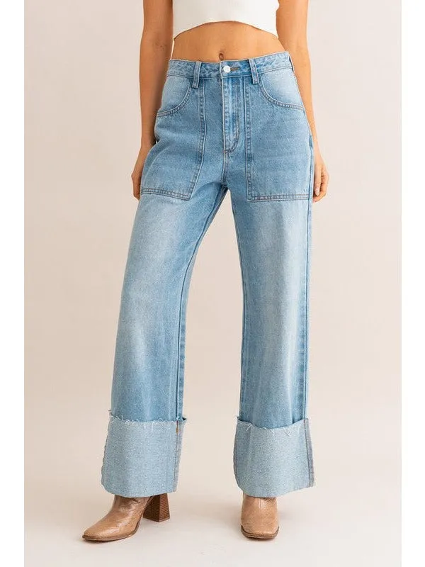 High-Waisted Wide Leg Cuffed Jeans