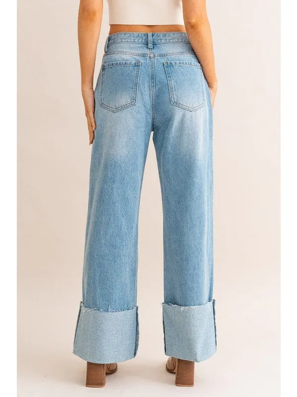 High-Waisted Wide Leg Cuffed Jeans