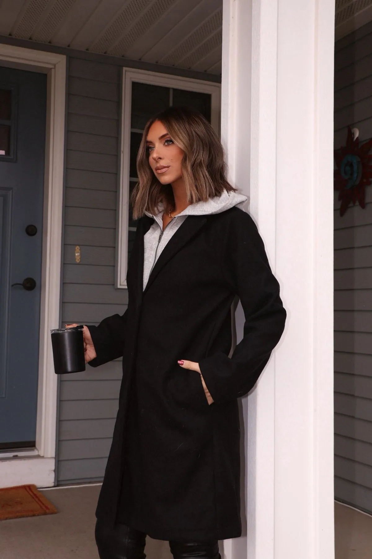 Josie Black Contrast Hooded Coat