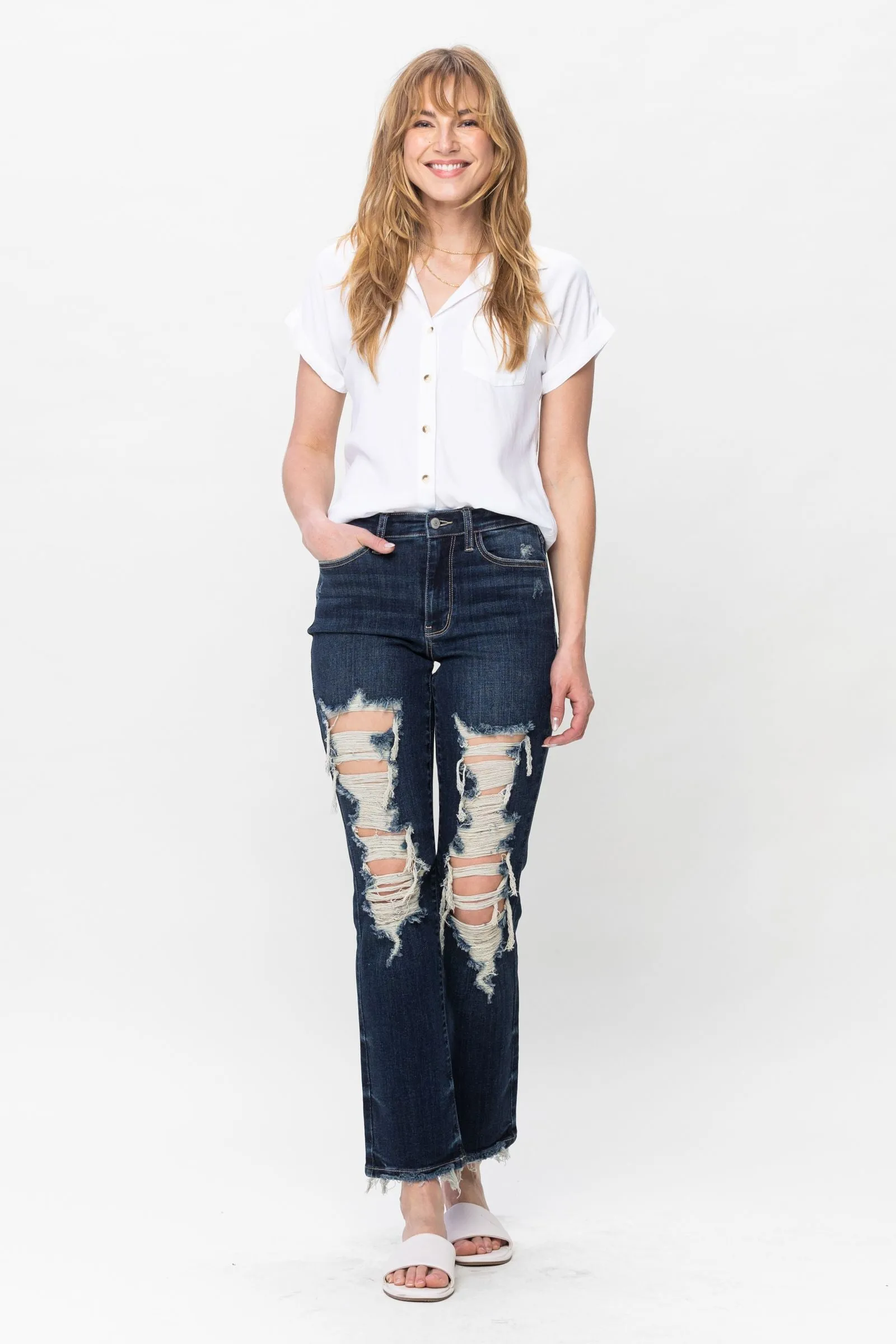 Judy Blue Mid Rise Heavy Destroyed Straight Leg Jeans