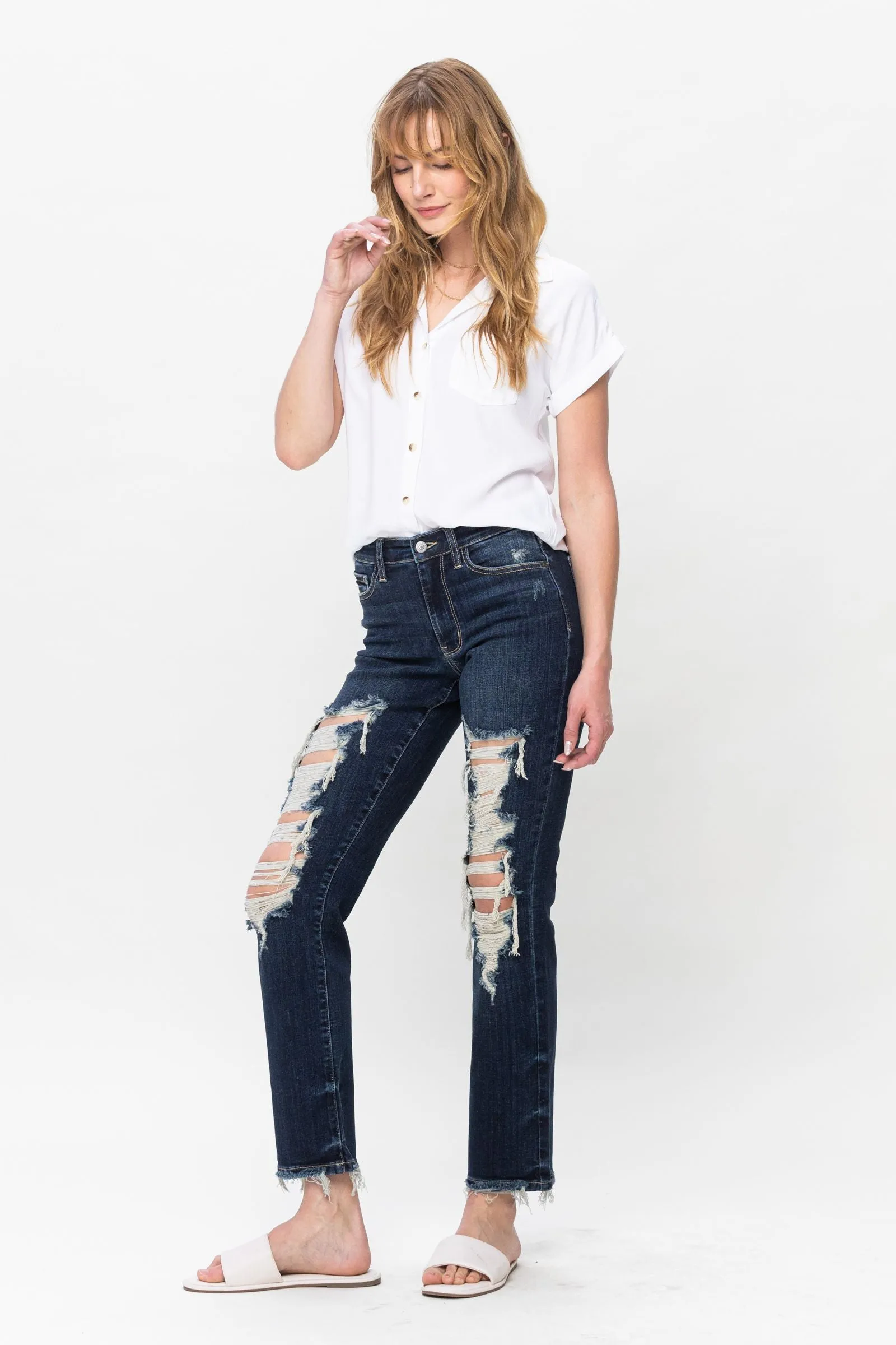 Judy Blue Mid Rise Heavy Destroyed Straight Leg Jeans