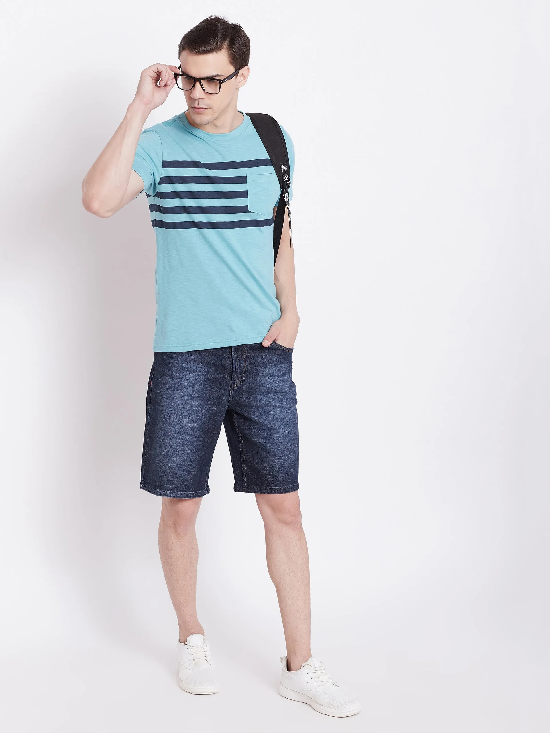 JUMP USA Men Blue Striped Round Neck T-shirt