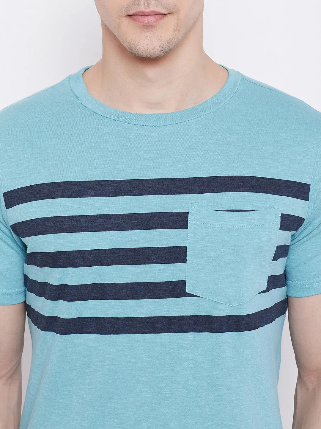 JUMP USA Men Blue Striped Round Neck T-shirt