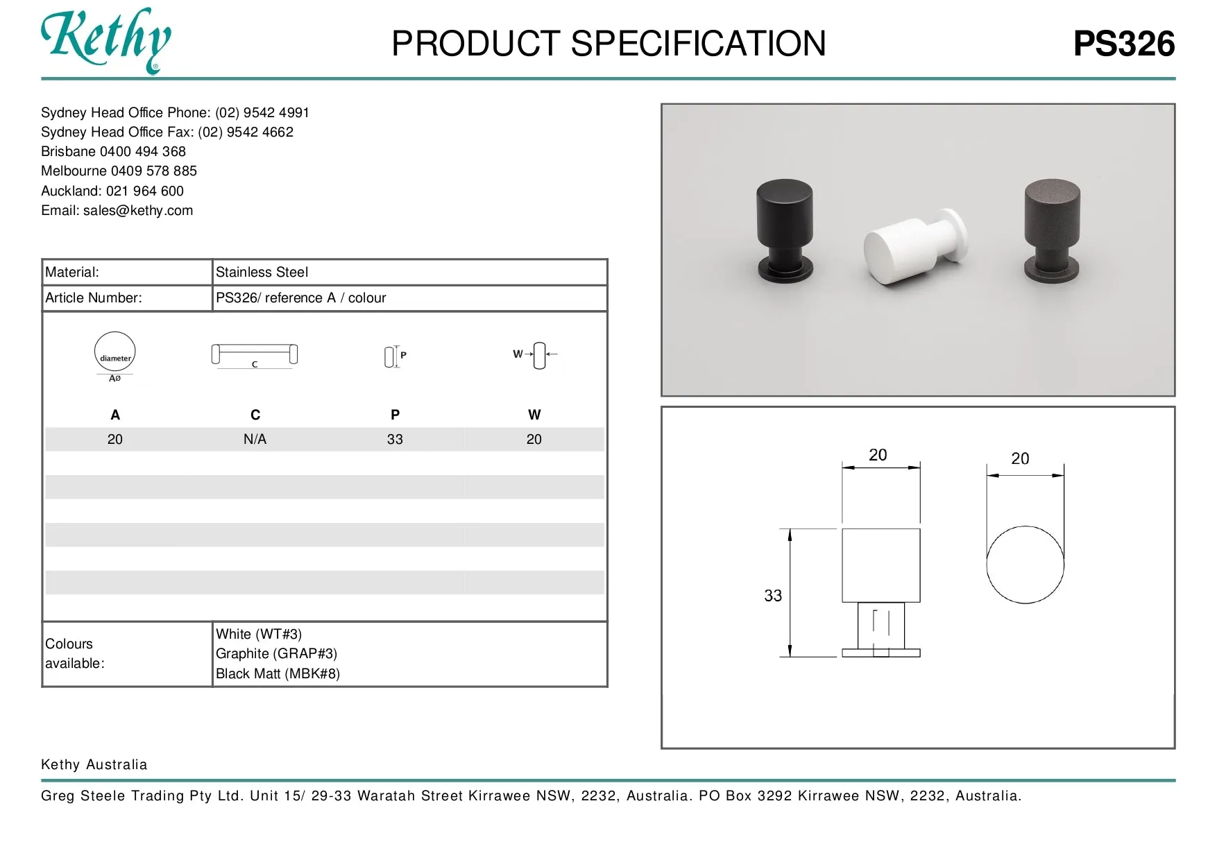 KETHY PS326 CABINET EIBAR KNOB HANDLE 20MM