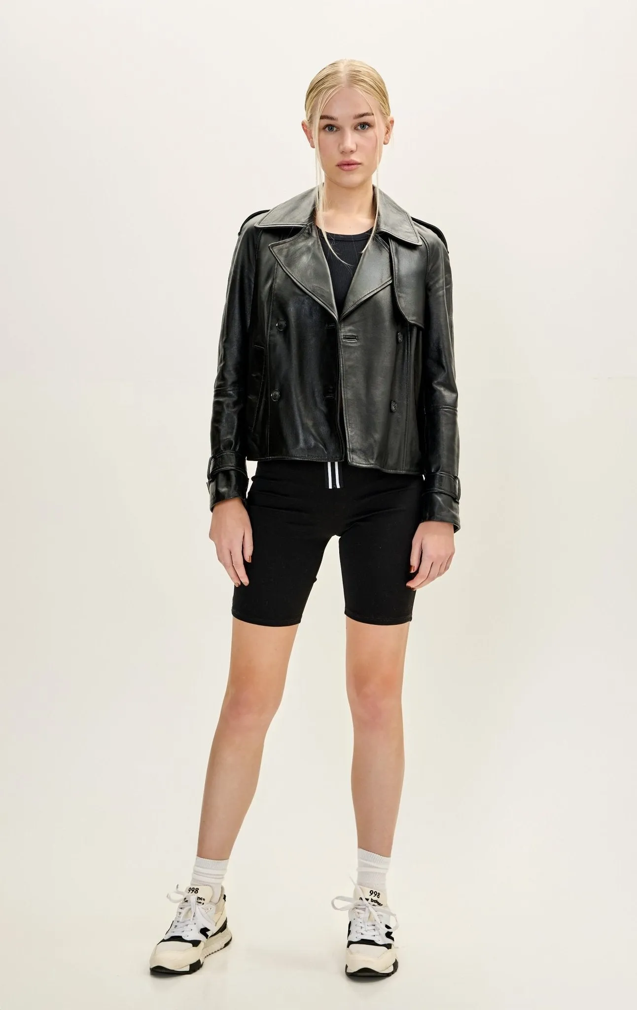 Lambskin Leather Double Breasted Short Trench Jacket - Black