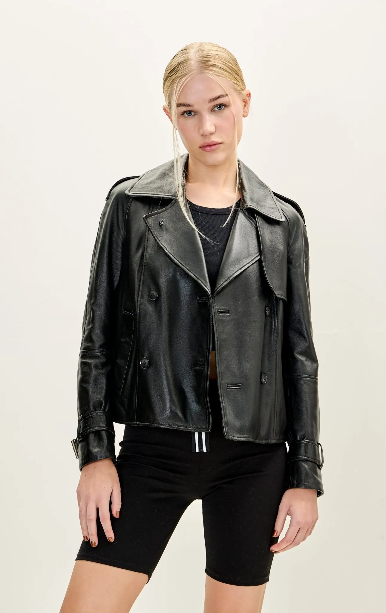 Lambskin Leather Double Breasted Short Trench Jacket - Black