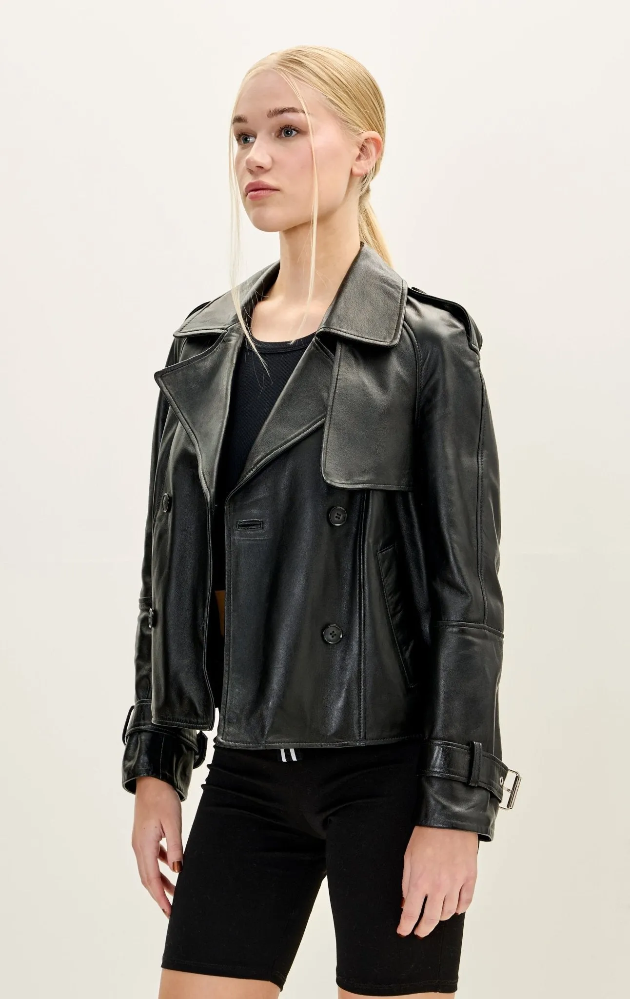 Lambskin Leather Double Breasted Short Trench Jacket - Black