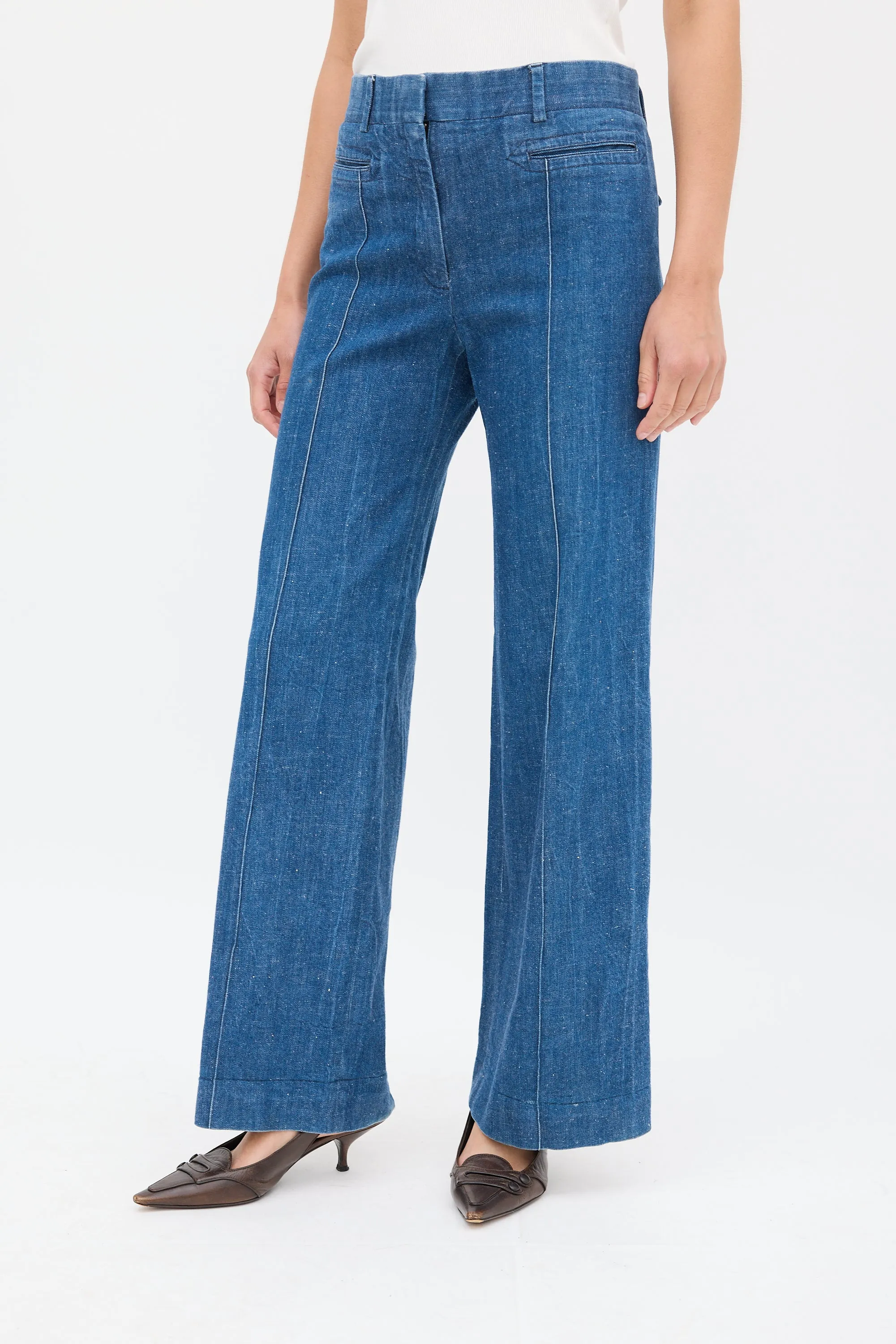 Medium Wash Pintuck Wide Leg Jeans