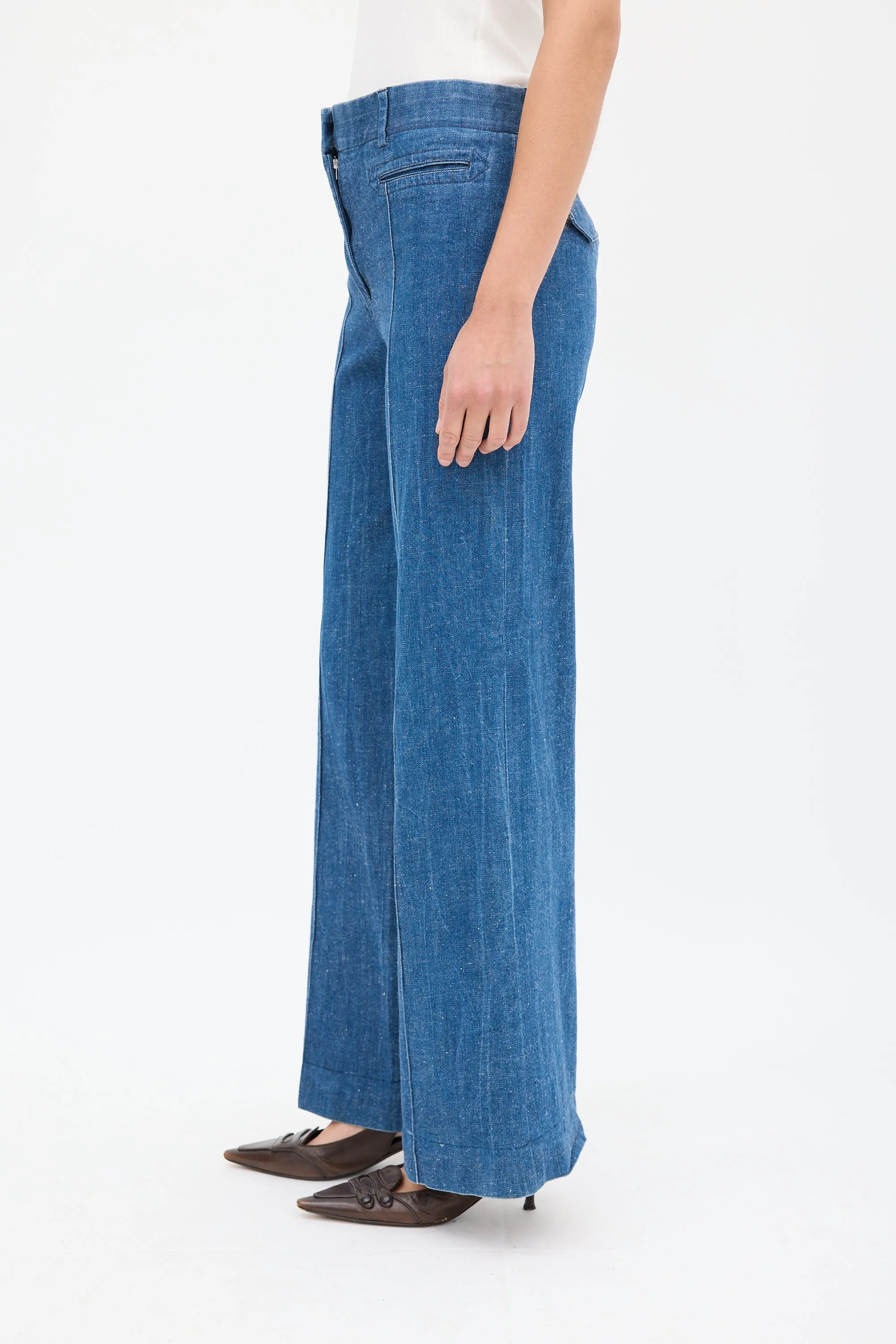 Medium Wash Pintuck Wide Leg Jeans