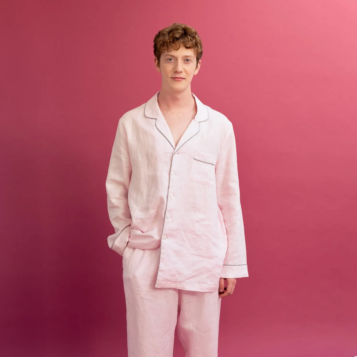 Men's Blush Pink Linen Pyjama Shirt (Top Only)