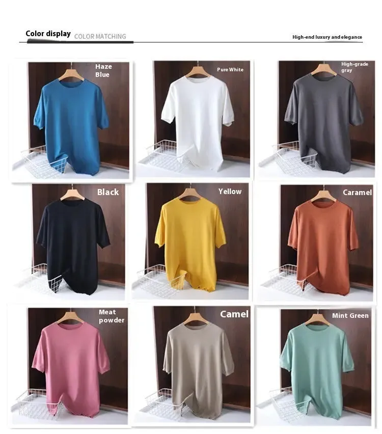 Men's Round Neck Pullover Thin Knitwear Short Sleeve Top